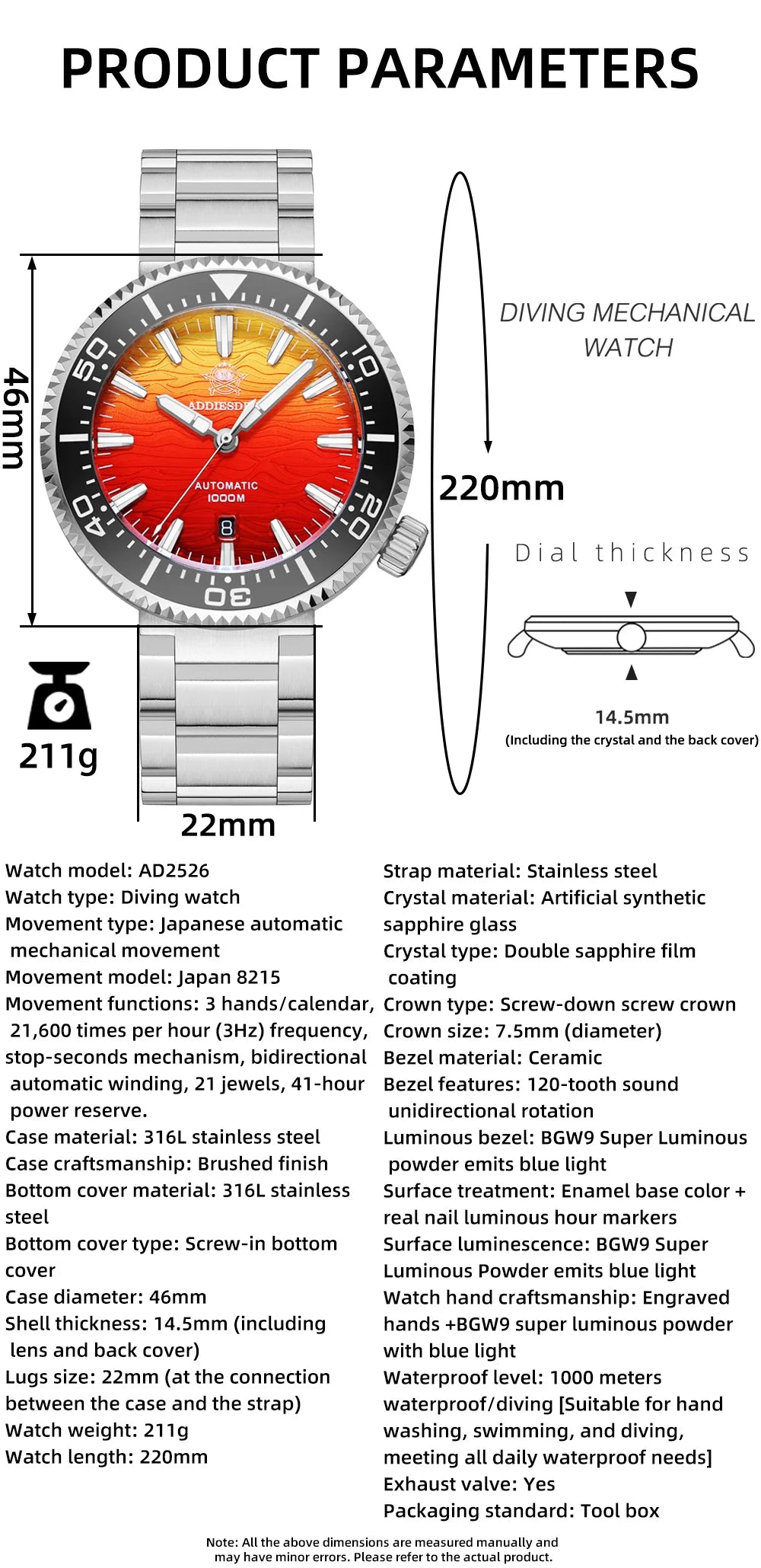 ADDIESDIVE AD2526 Automatic Mechanical Dive Watch Japan 8215 1000M Water Resistant Sapphire Double Dome Ceramic Bezel BGW9