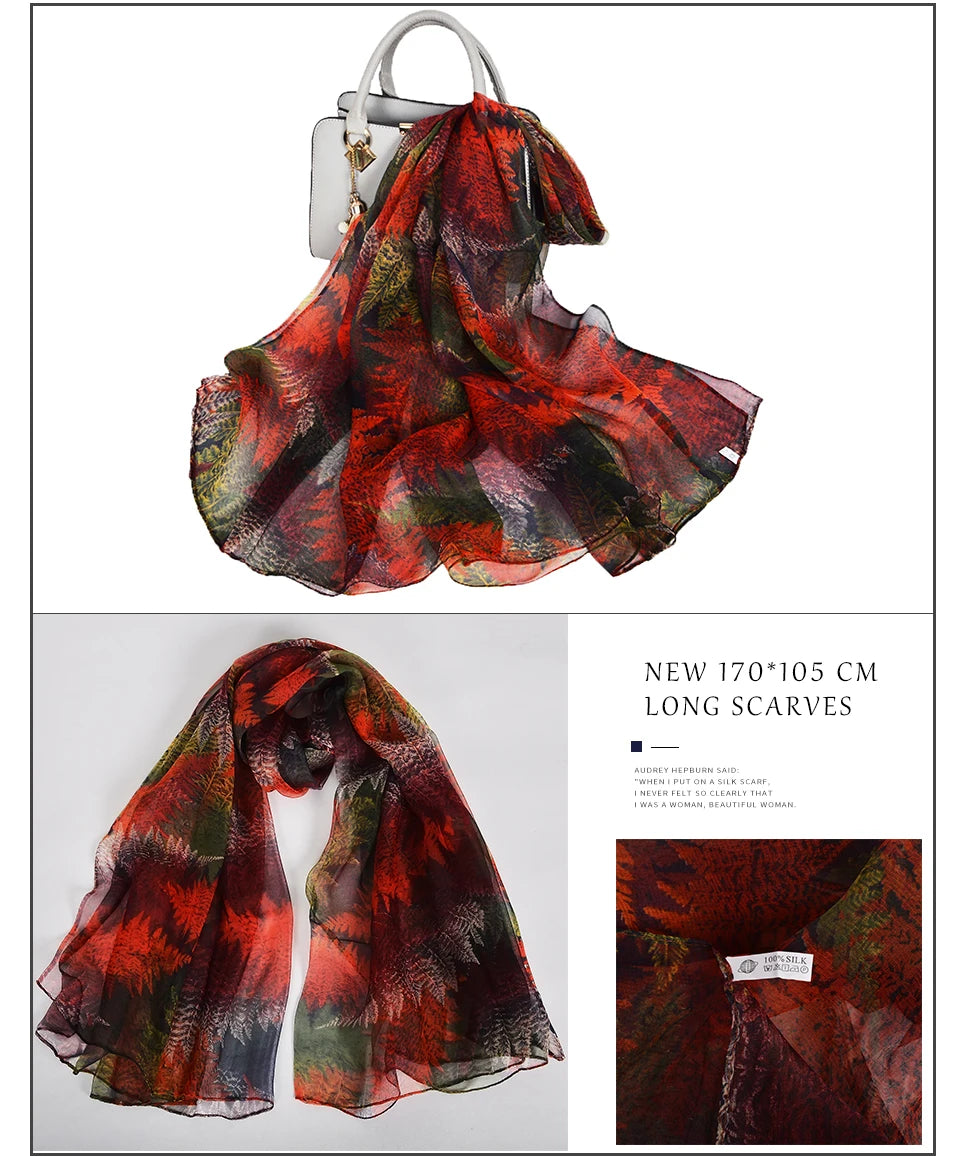 [BYSIFA] Red Black Women Long Silk Scarf Printed 170*105cm Fashion Leaves Pattern Brand 100% Pure Silk Shawl For Spring Autumn