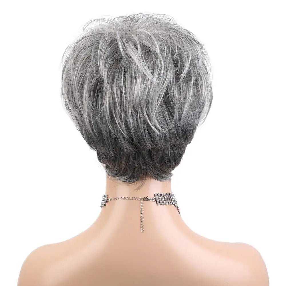 Short Pixie Cut Silvery Gray Blend Hair Wigs for Women with Bangs Ash Natural Straight Layered Human Hair Mixed Synthetic Fiber