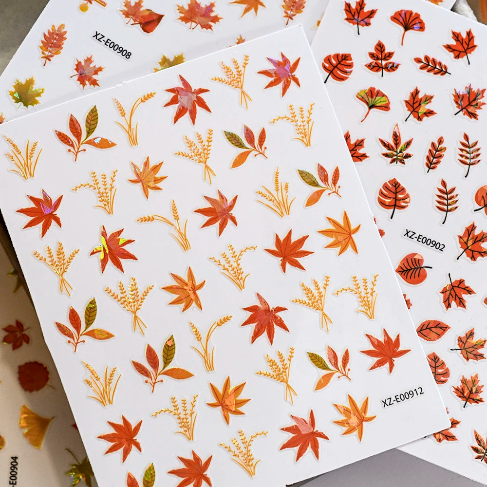 12Pcs Fall Maple Leaf Nail Decals Holographic Laser Maple Leaves Nail Art Sticker Self-Adhesive Thanksgiving Day Nail Decoration
