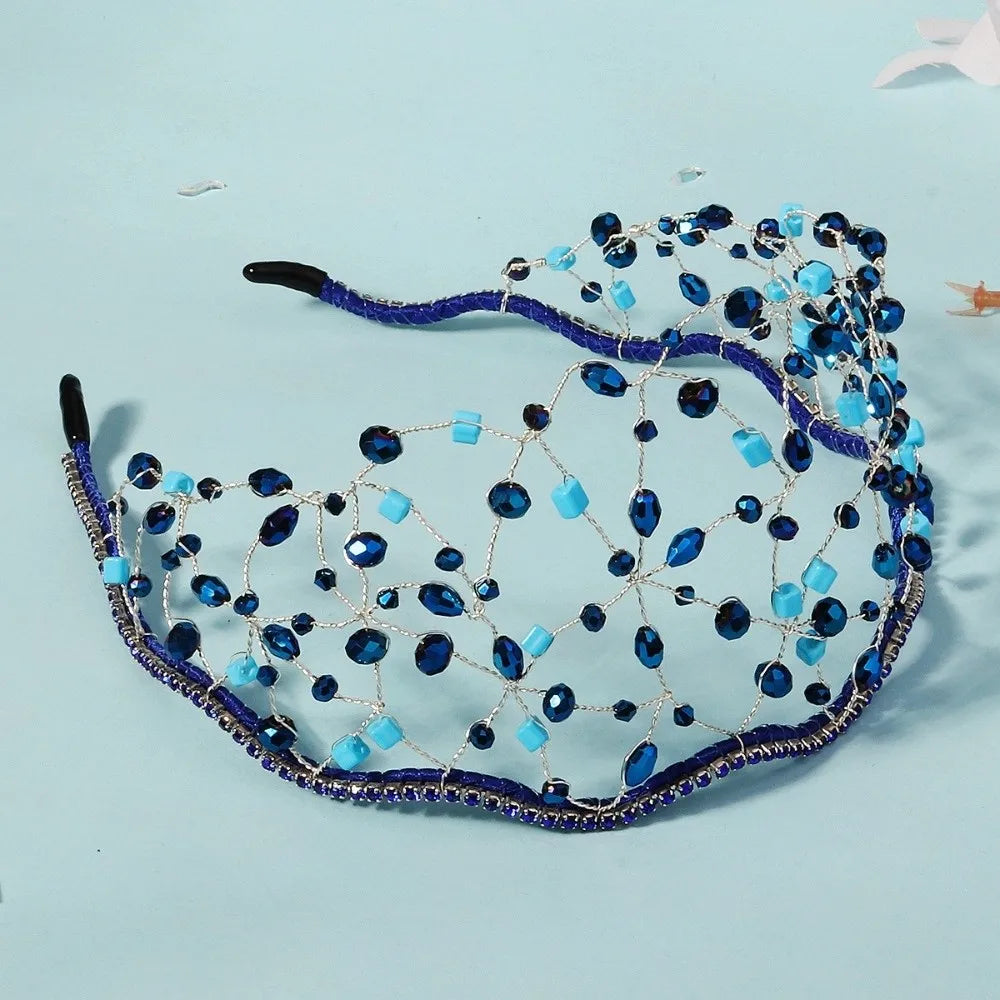 Handmade Crystal Beads Hair Net Crown Wedding Headpieces Hair Jewelry Sparkling Rhinestone Tiara Hair Hoop Elegant Headbands
