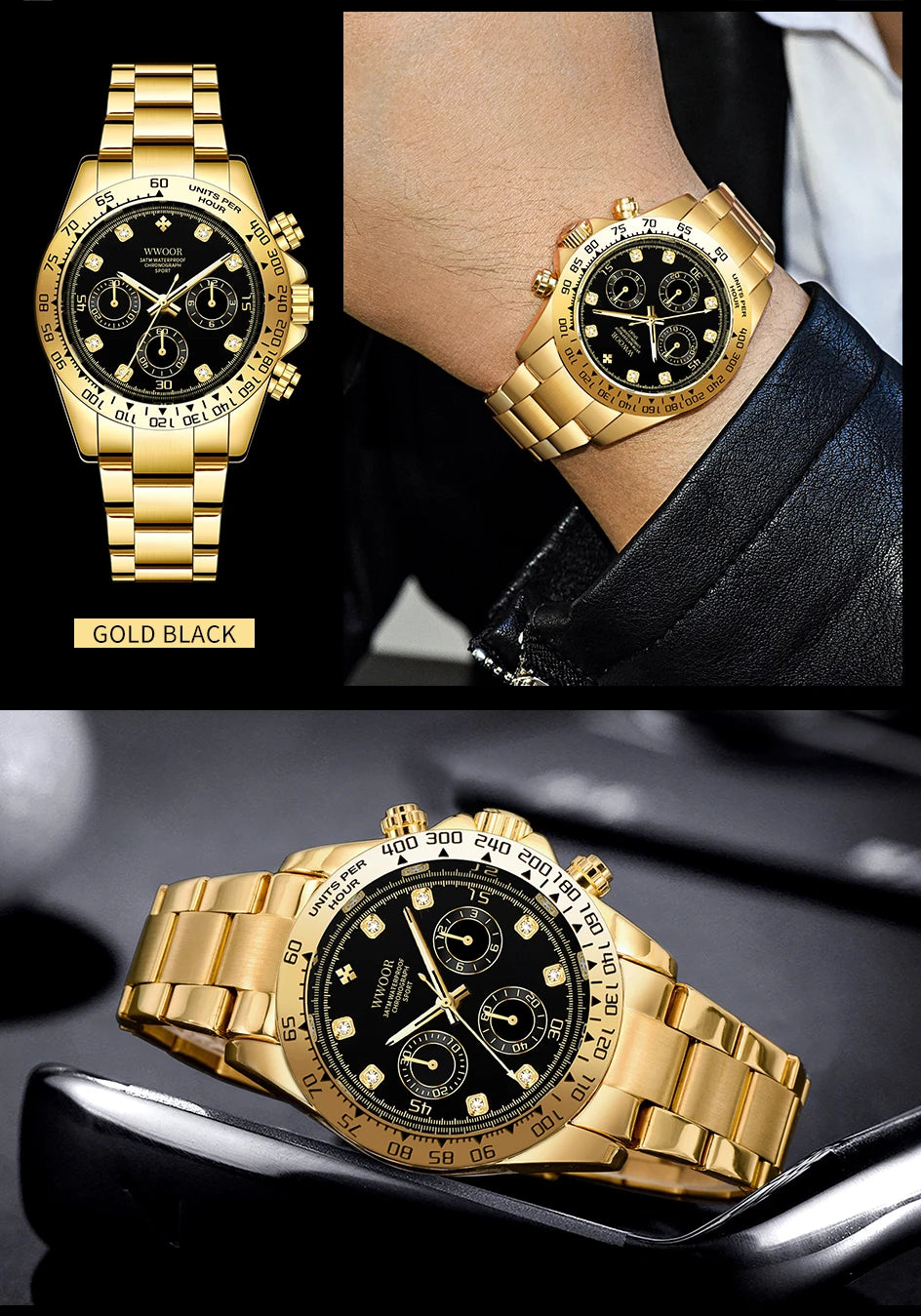 WWOOR 2024 New Mens Watches Top Brand Quartz Japanese Chronograph Stopwatch Waterproof Stainless Wristwatches Relogio Masculino