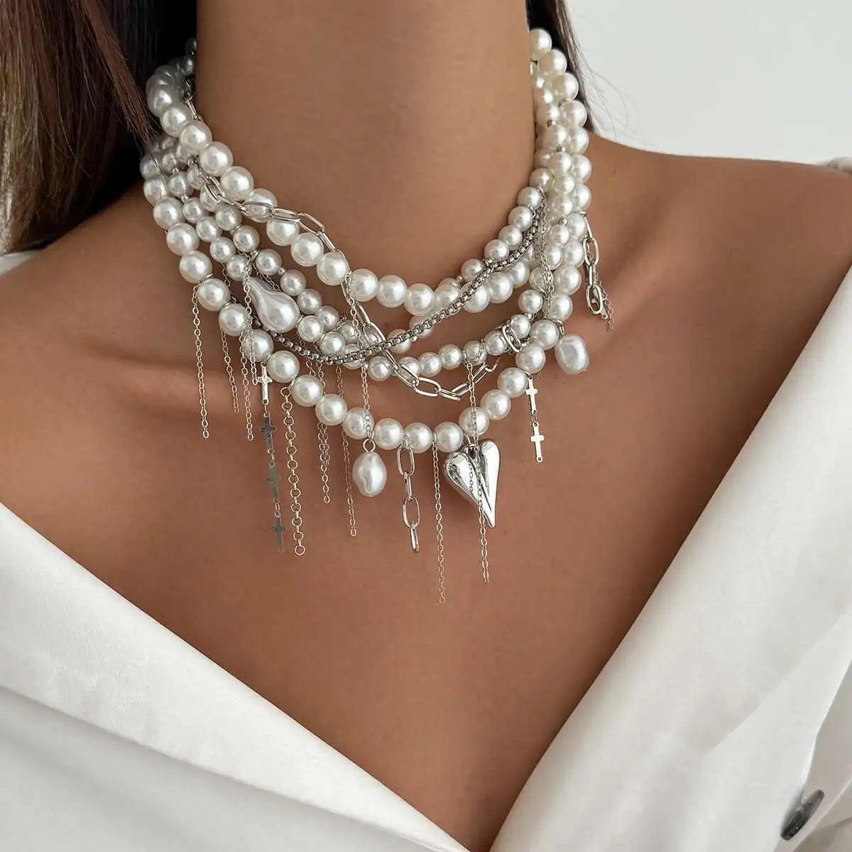 IngeSight.Z Exquisite Luxury Multilayer Imitation Pearl Tassel Choker Necklace Women New Heart Pendant Necklace Wedding Jewelry