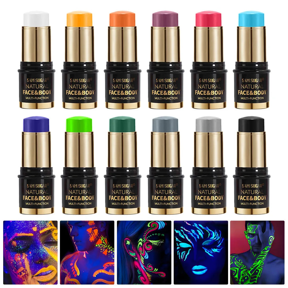12-Colors Black White Halloween Makeup Waterproof Face & Body Paint Stick Neon Colorful Blue Green Yellow Face Paint Cosmetics