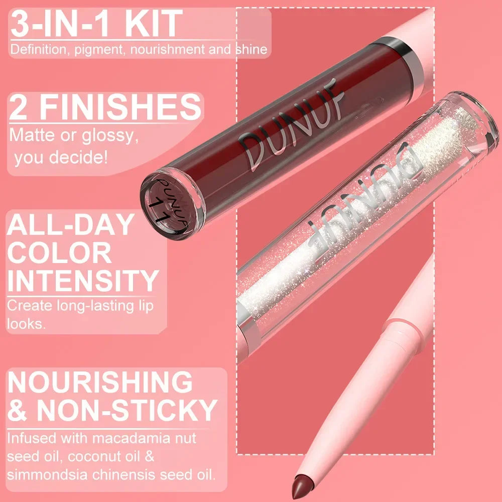DUNUF 3 In 1 Matte Lipglaze Lip Liner Moisturize Clear Lip Oil Set Cosmetics Waterproof Long lasting Plumer Mirror Lips Gloss