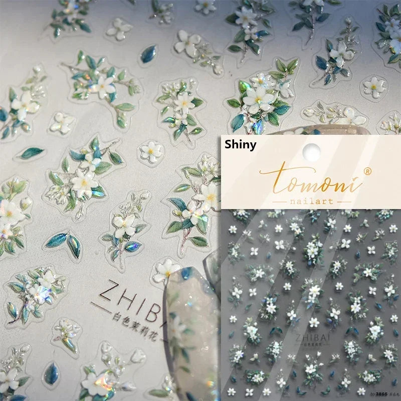 Yellow Autumn Osmanthus Flower Chrysanthemum Butterfly 5D Nail Art Sticker Chinese Character Vase Relief Adhesive Manicure Decal