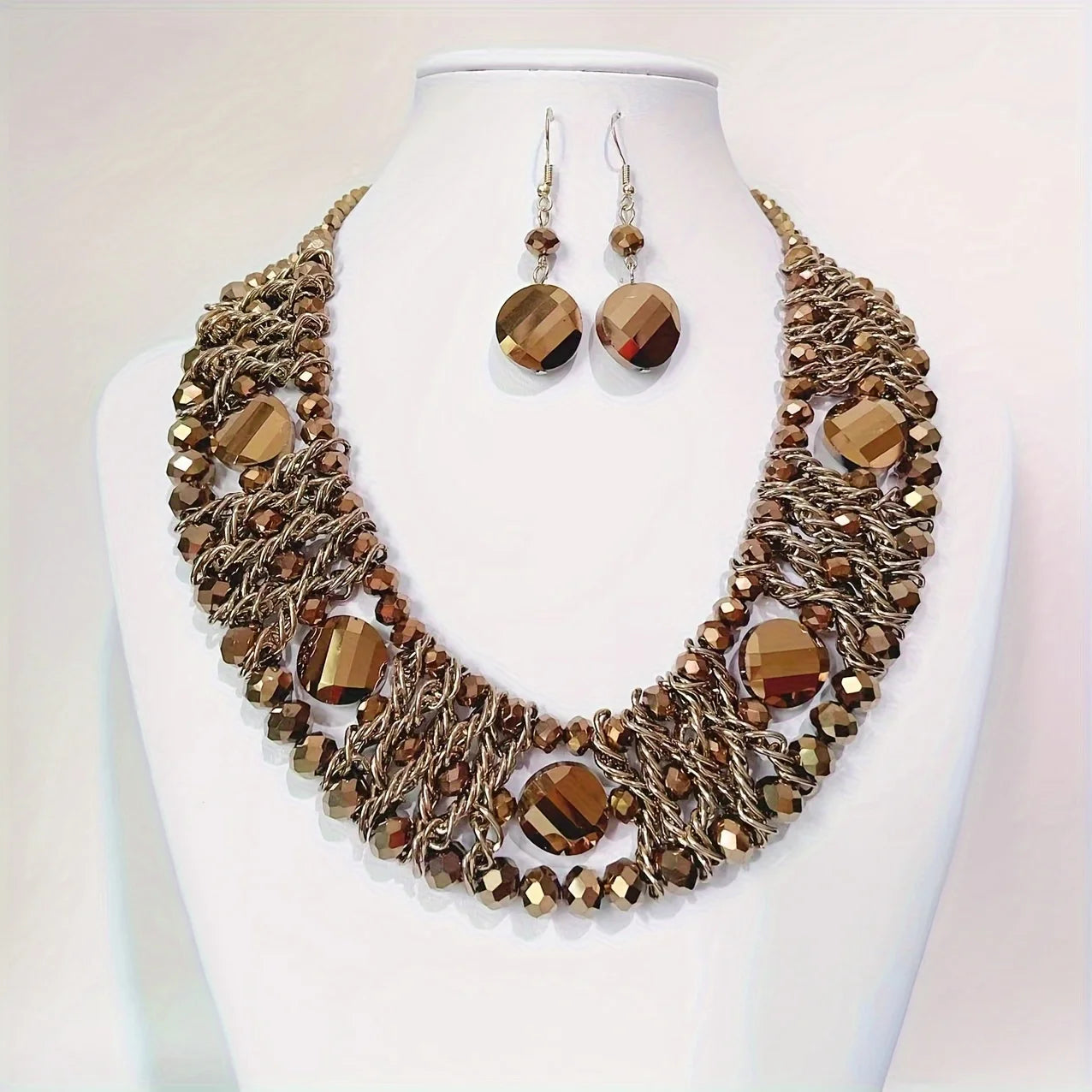 1 necklace +1 pair of earrings, 3 rows of artificial crystals, handmade, Bohemian style, perfect for everyday gifts!