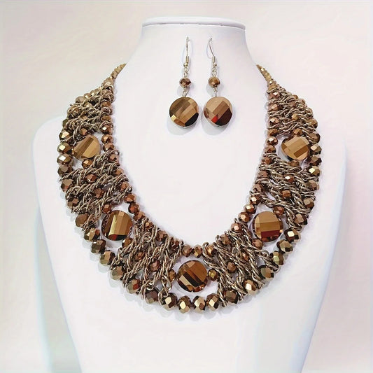 1 necklace +1 pair of earrings, 3 rows of artificial crystals, handmade, Bohemian style, perfect for everyday gifts!