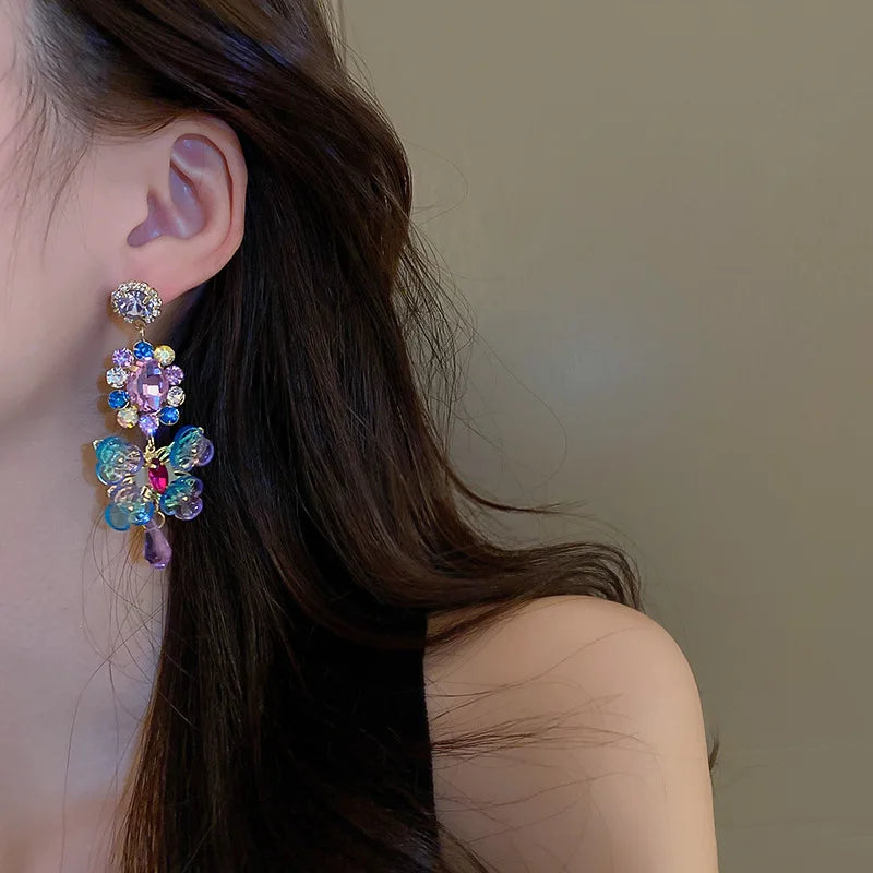 Rhinestones Asymmetric Artificial Crystal Flower Round Light Luxury Water Drop Dangle Earrings Bohemian Fashion Design Earring