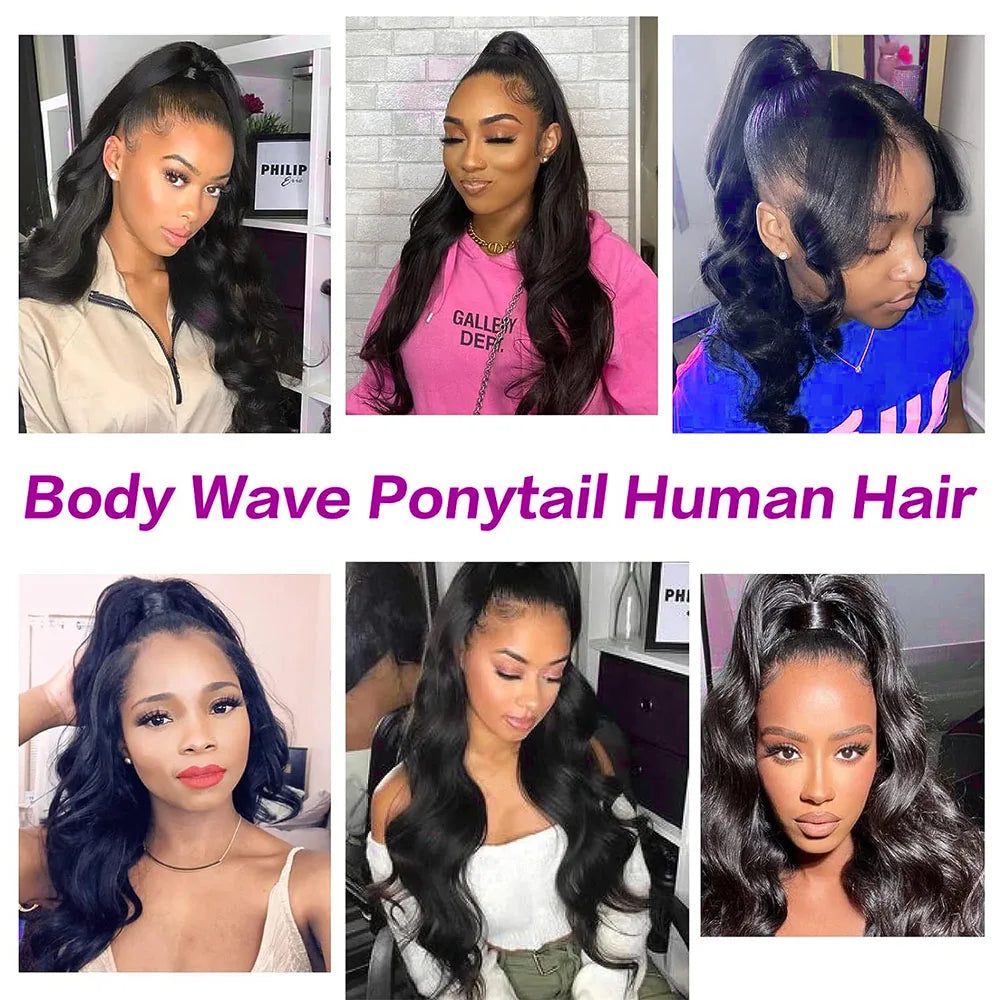 Body Wave Ponytail Extensions For Women 100% Real Human HairNatural Black Clip in Drawstring Ponytail Hair Extensions 10-26 Inch