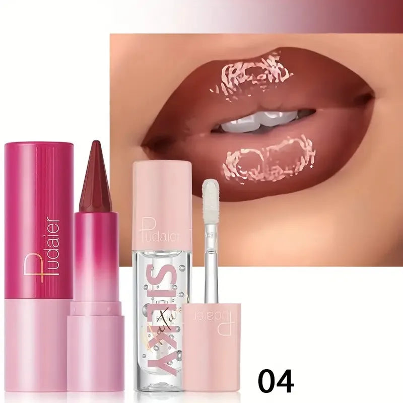 2Pcs long-lasting waterproof pointed lip liner + liquid lipstick, suitable for daily makeup at carnival music festival