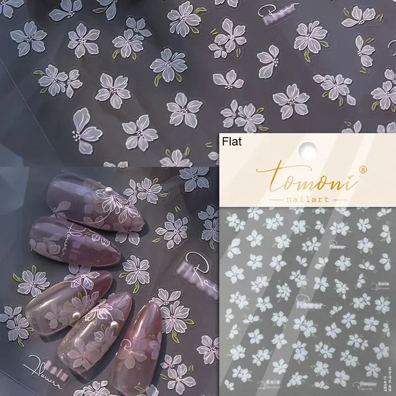 Yellow Autumn Osmanthus Flower Chrysanthemum Butterfly 5D Nail Art Sticker Chinese Character Vase Relief Adhesive Manicure Decal