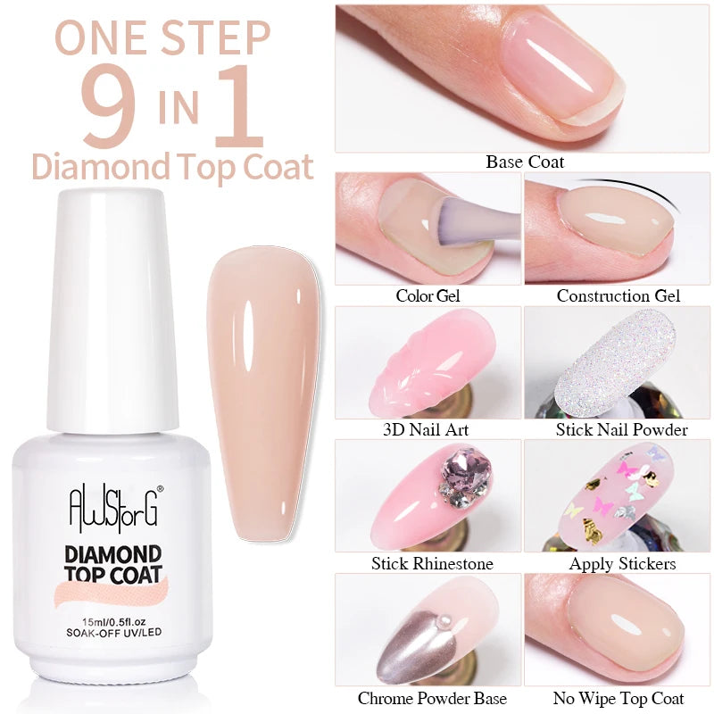 NEW Stain Resistant Gel Top Coat Gel Nail Polish UV Diamond Topcoat No Wipe Sealer Gel Finish Manicure Nail Art Salon Quality