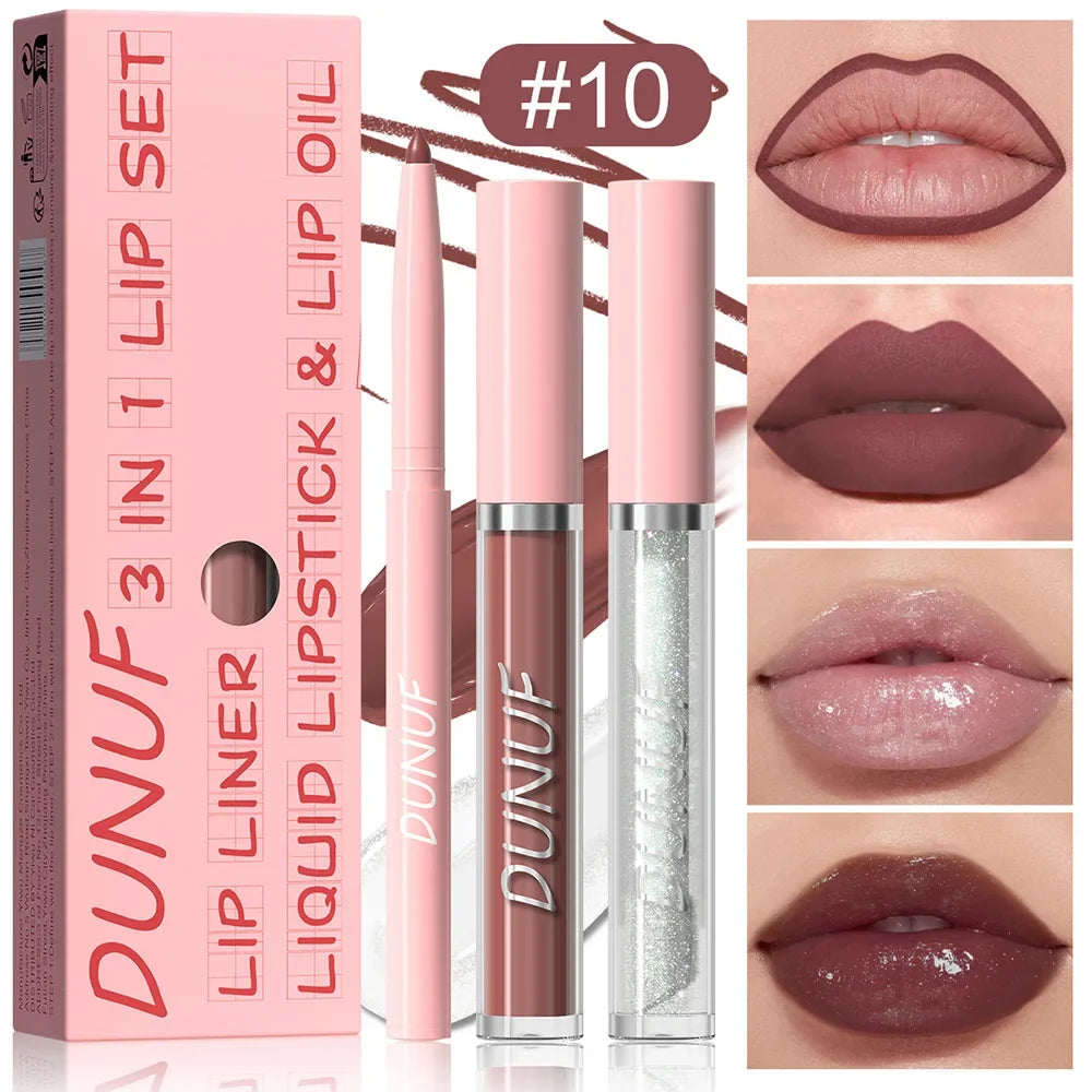 DUNUF 3 In 1 Matte Lipglaze Lip Liner Moisturize Clear Lip Oil Set Cosmetics Waterproof Long lasting Plumer Mirror Lips Gloss