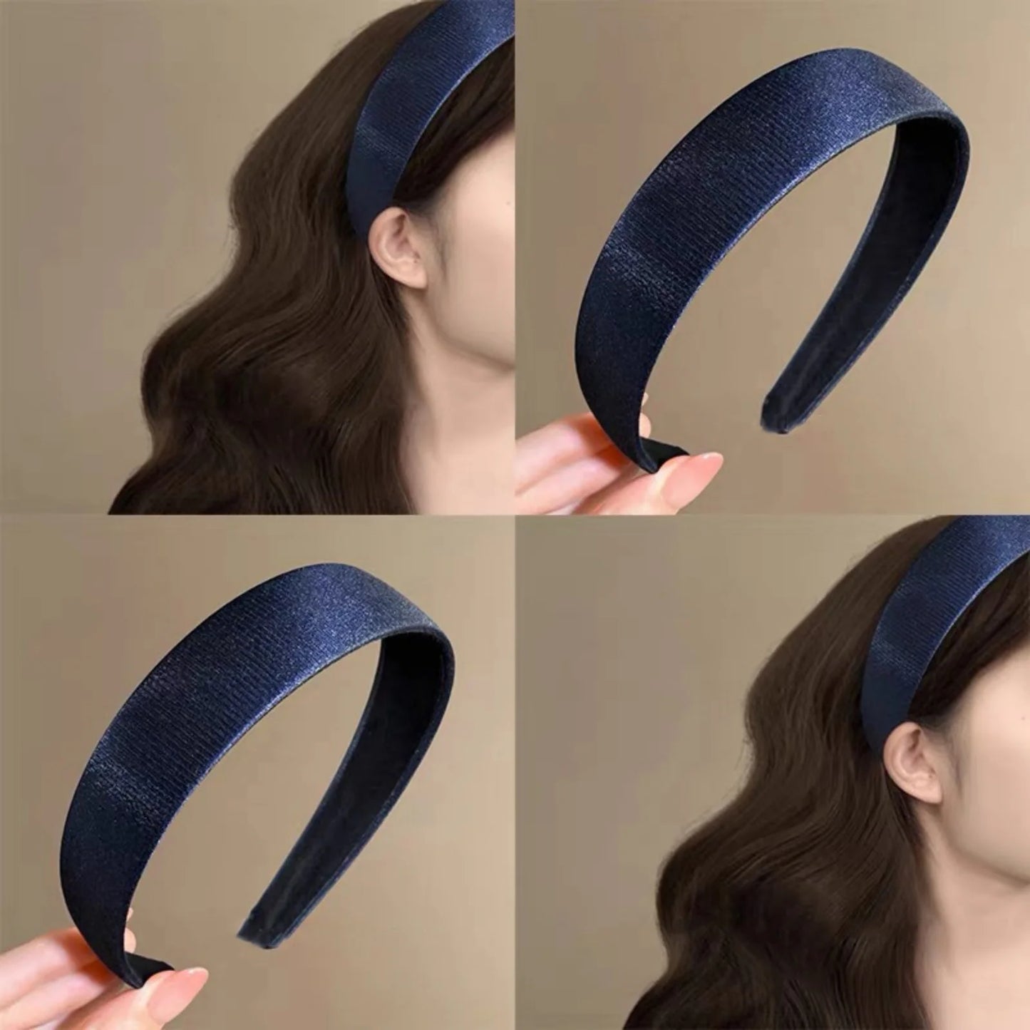 Blue Satin Shimmering Headband - Wide-Brim Retro Style for Autumn Winter