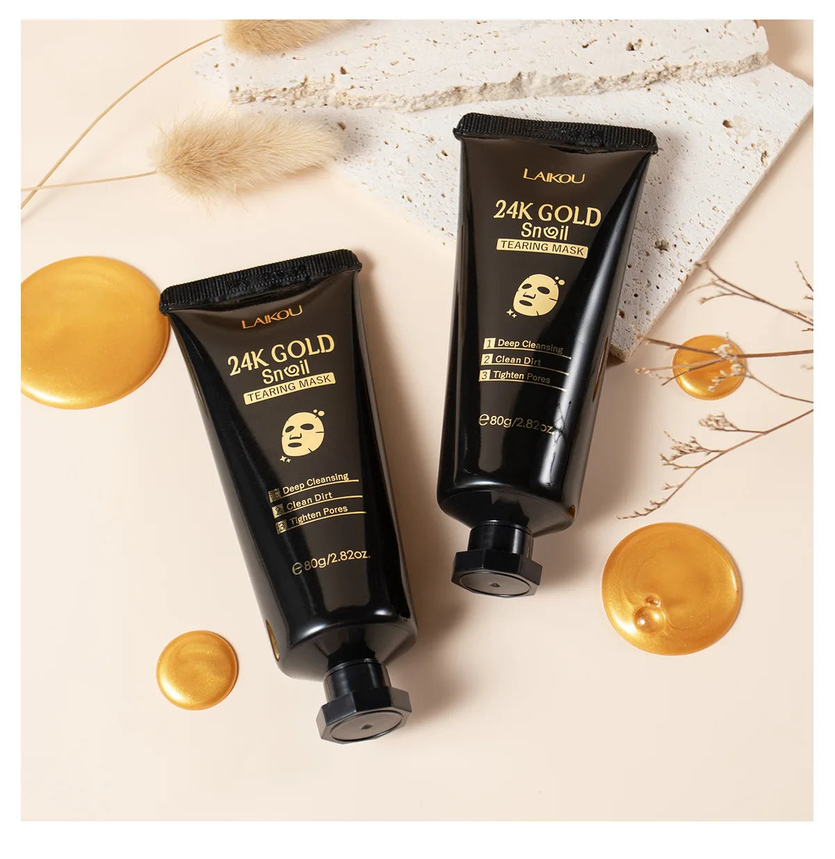 LAIKOU 50/80g 24K Gold Snail Tearing Mask Deep Cleansing Tighten Pores Firming Skin Oil-Control Whitening Moisturizing Skin Care