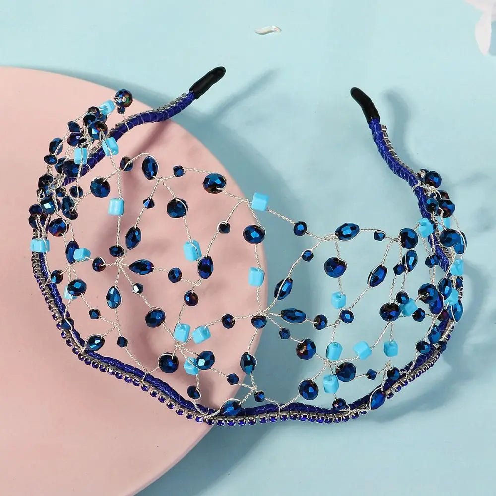 Handmade Crystal Beads Hair Net Crown Wedding Headpieces Hair Jewelry Sparkling Rhinestone Tiara Hair Hoop Elegant Headbands