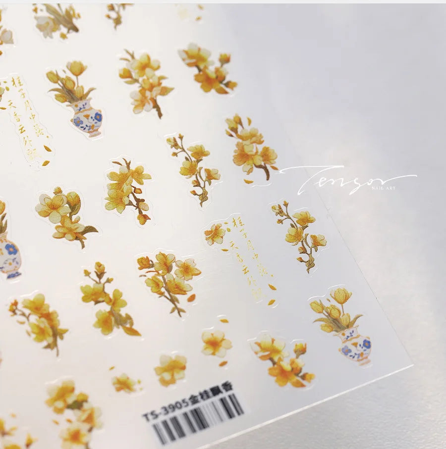 Yellow Autumn Osmanthus Flower Chrysanthemum Butterfly 5D Nail Art Sticker Chinese Character Vase Relief Adhesive Manicure Decal
