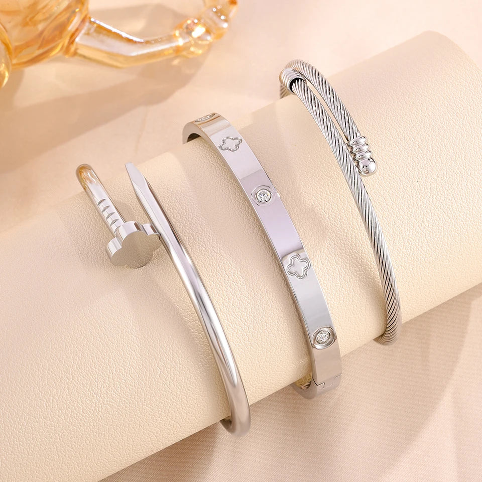 Yupsk New Creative Four-leaf Flower Series Stainless Steel Bracelets Set for Women Versatile Stackable Jewelry Couple Gift