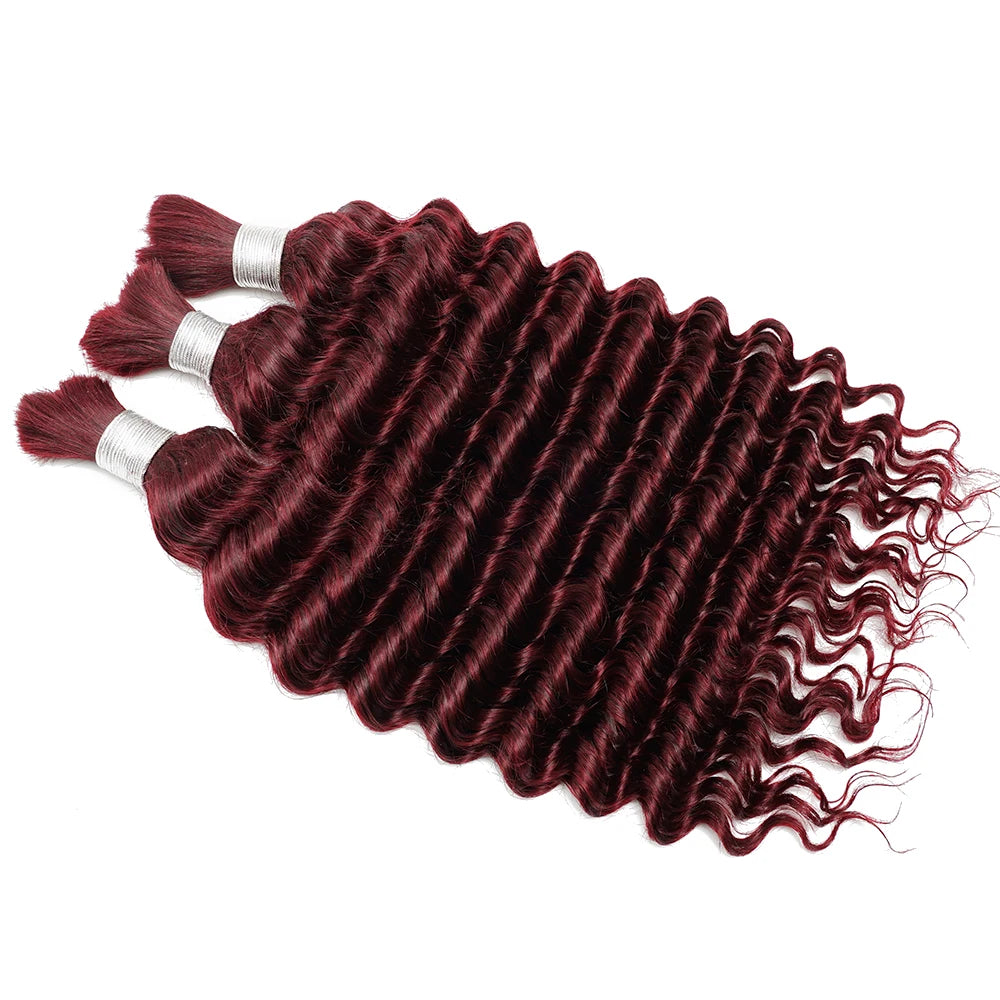 #99j Burgundy Human Hair Bulk for Braiding 16-24 inch Dark Wine Deep Wave Jerry Curly Boho Braids Hair Bulk Extension Bobbi Hair