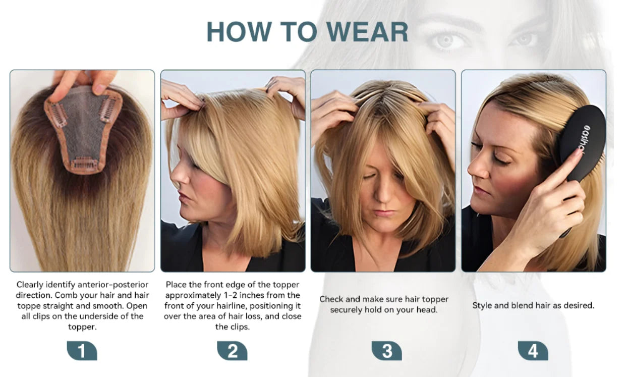 100% Remy Human Hair Toppers for Women Straight Brown Ombre 10inch Human Hair Topper with Bangs Silk Base Clip in Hair Extension