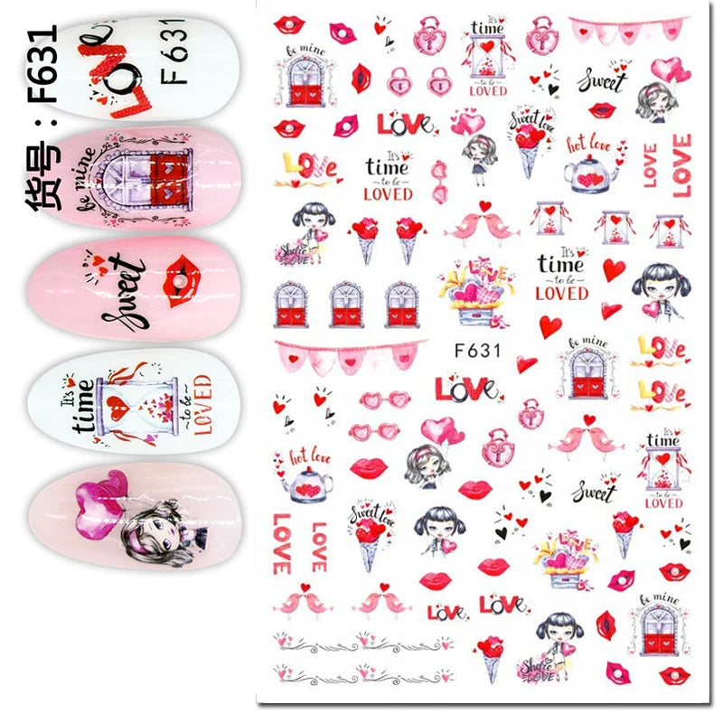 3d Pink Hearts Balloon Valentine Day Love Letters Nail Art Stickers Adhesive Sliders Nail Decals Decoration Manicure Accessories