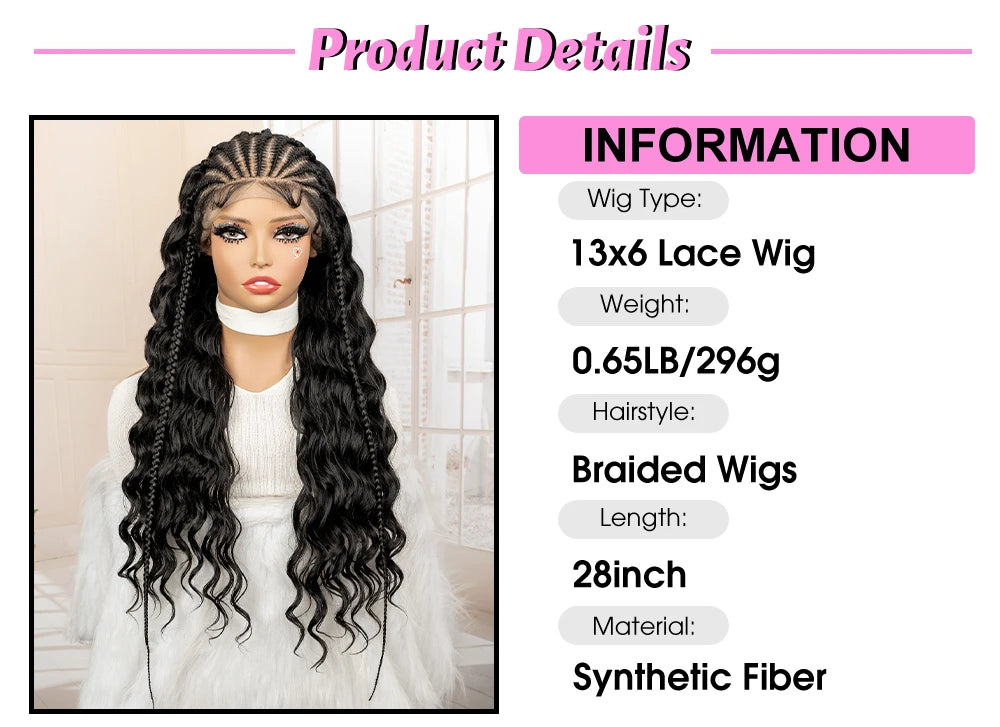 Synthetic Black Hair Wig with Braids for Women 28 Inch Wavy Natural Looking Synthetic Heat Resistant Fiber Wig for Daily Use