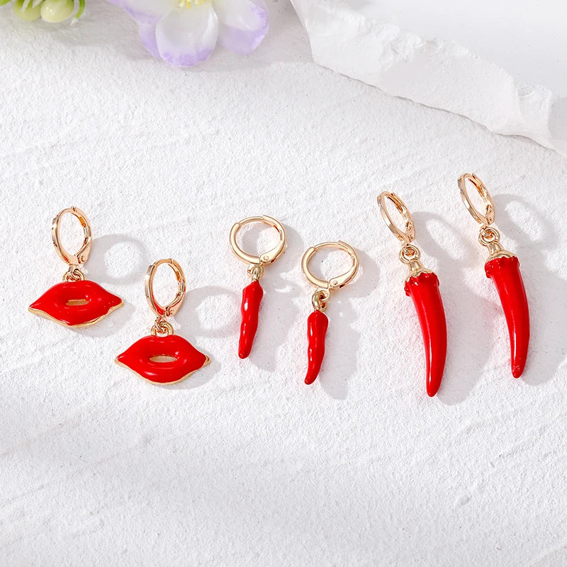 3Pair Sexy Red Lips Hot Pepper Earrings Set For Women Metal Enamel Trendy Creative Chili Mini Circle Hoop Earring Party Jewelry