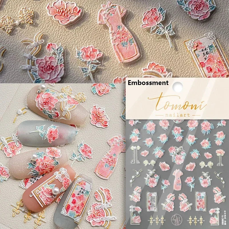 Yellow Autumn Osmanthus Flower Chrysanthemum Butterfly 5D Nail Art Sticker Chinese Character Vase Relief Adhesive Manicure Decal