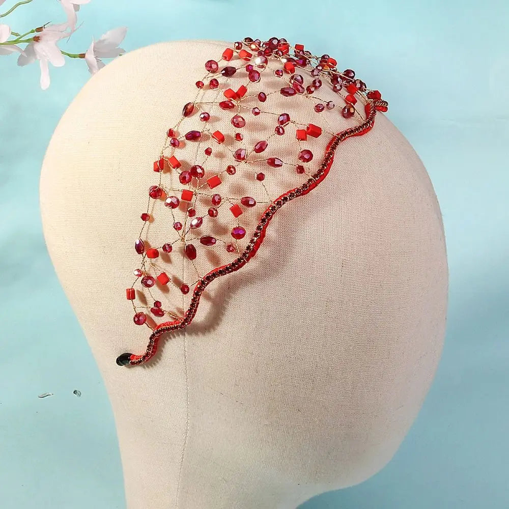 Handmade Crystal Beads Hair Net Crown Wedding Headpieces Hair Jewelry Sparkling Rhinestone Tiara Hair Hoop Elegant Headbands