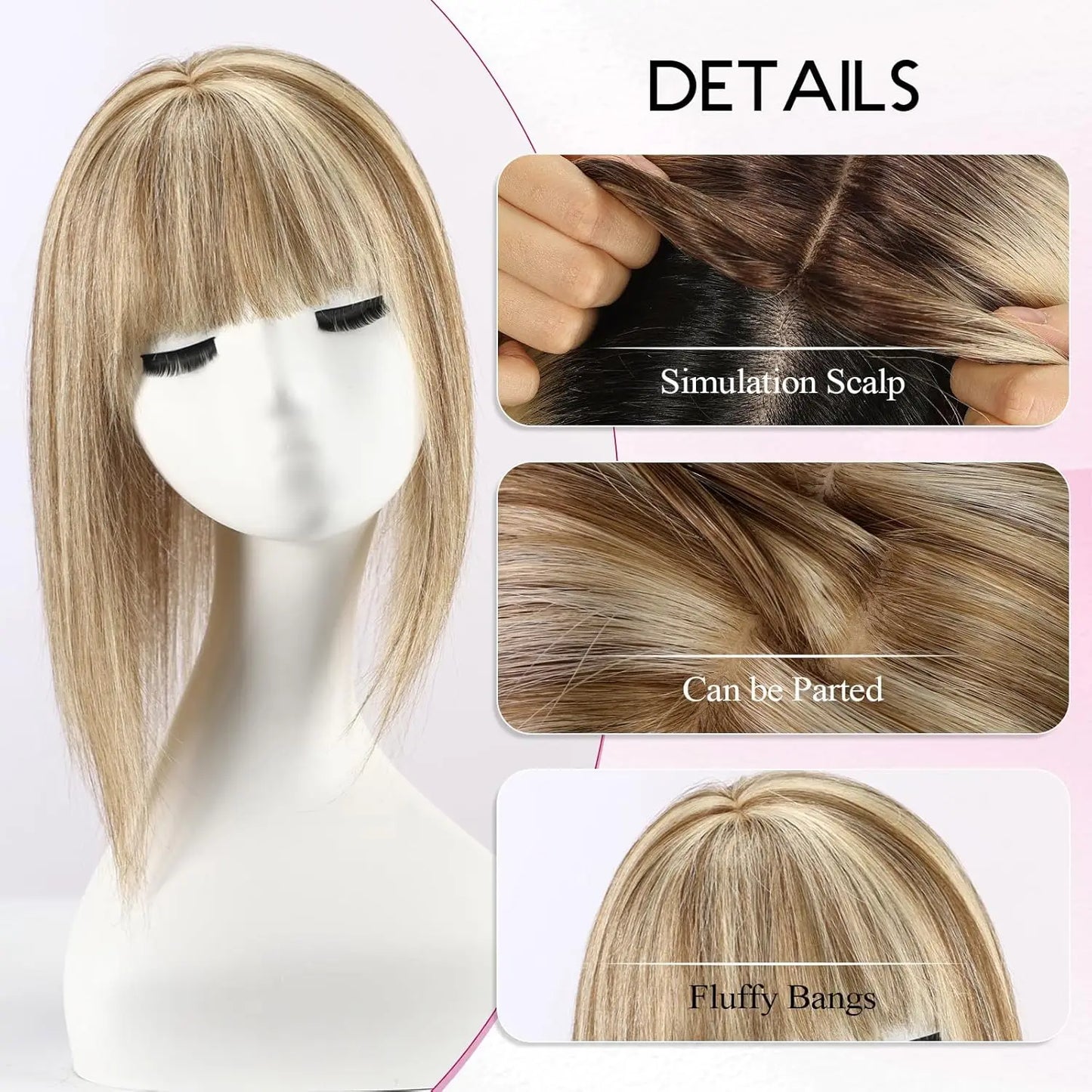 Brown Mixed Blonde Human Hair Topper with Bangs Natural Silk Straight Clip in Hair Extensions for Women with Thinning Hair 12 In