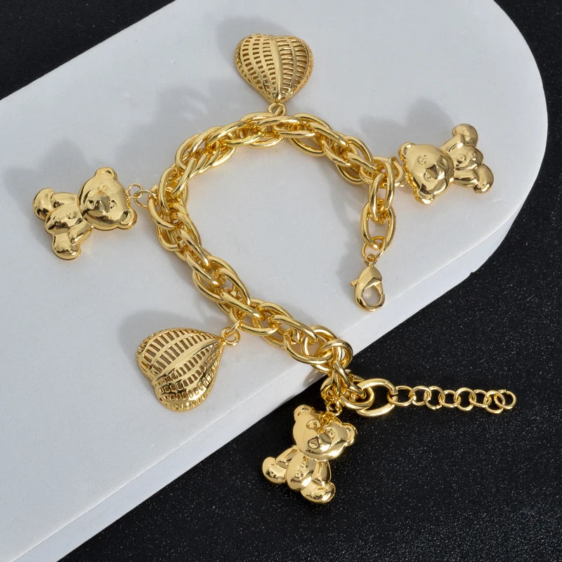 Cute Bear Heart Lock Matching Bracelets Set for Girls Teens Gold Plated Adjustable Bangle Best Friend Gift for Party