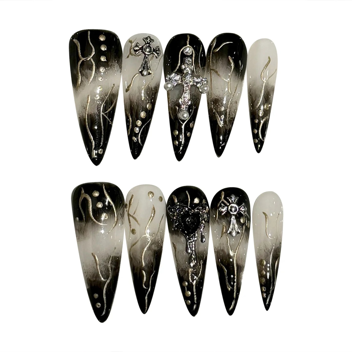 Long Almonds French False Nails Design with Cross Charm Elegant Black Nail Tips for DIY At-Home Manicure