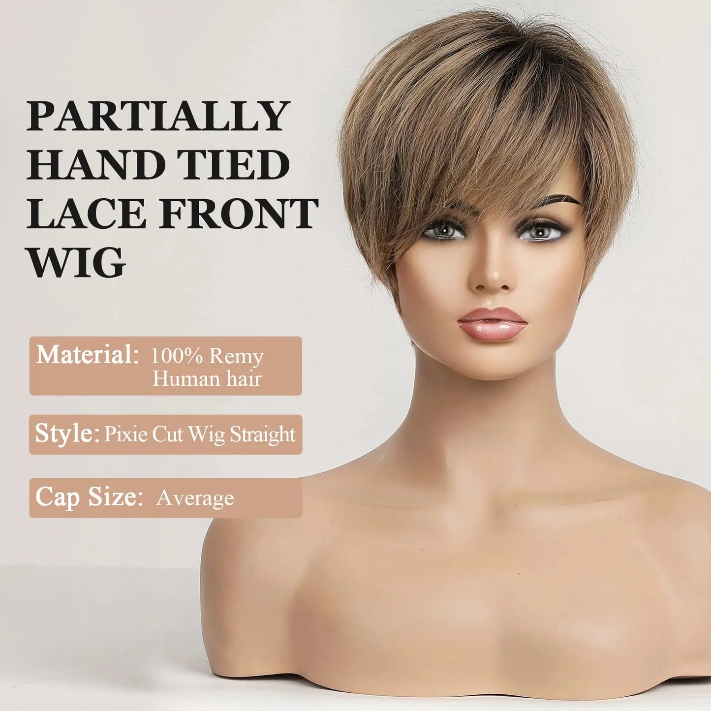 Lace Front Wigs Ombre Light Brown Remy Human Hair Ash Brown Pixie Cut Hairs with Bang Short Straight Wig for Women Bob Human Wig
