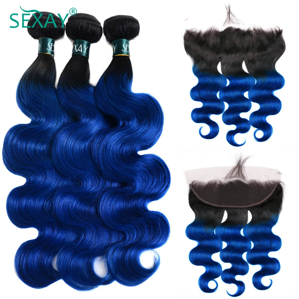 Ombre Green Bundles With Frontal Brazilian Body Wave Turquoise Color Human Hair Weave 3 Pcs With 13x4 Transaparent Lace Frontal