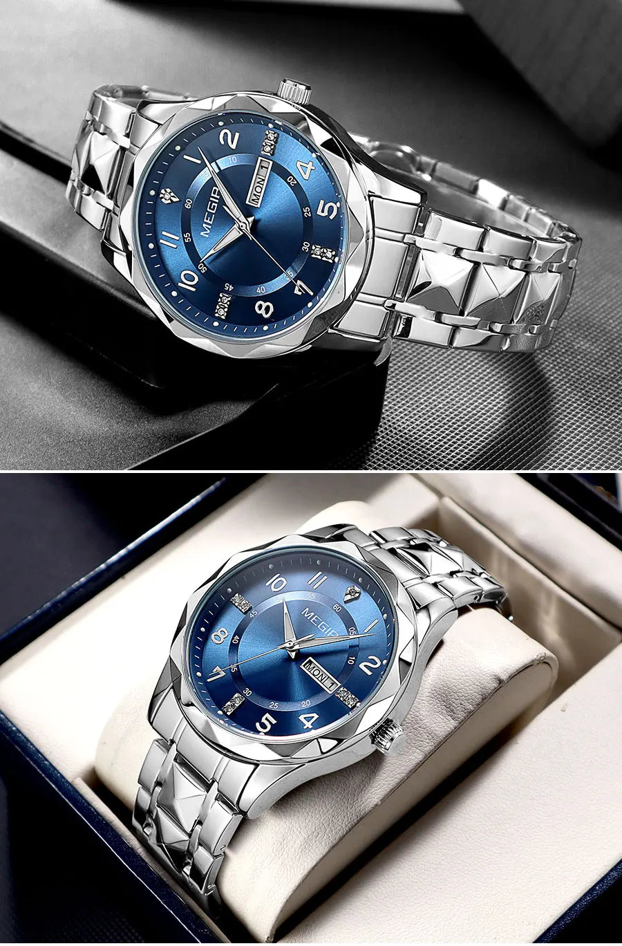 MEGIR Elegant Simple Style Men Quartz Watch with Date Day Display Fashion Stainless Steel Strap Alloy Case Ladies Wristwatch