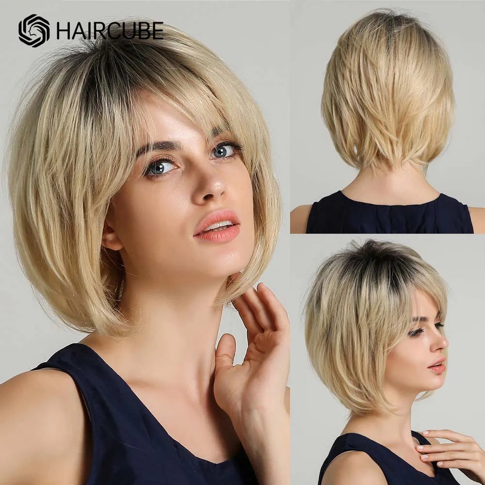 Short Pixie Cut Silvery Gray Blend Hair Wigs for Women with Bangs Ash Natural Straight Layered Human Hair Mixed Synthetic Fiber