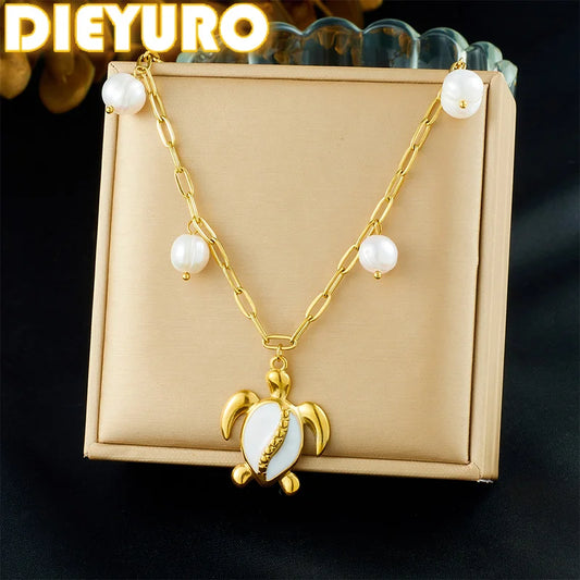 DIEYURO 316L Stainless Steel White Dripping Oil Animal Turtle Pearl Pendant Necklace Lady Fashion Neck Chain Jewelry Gift