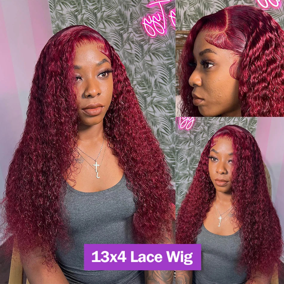 Curly Burgundy 13x6 Hd Lace Front Human Hair Wig Red Wigs For Women Transparent Lace 5x5 13x4 Deep Wave Frontal Wig 99j