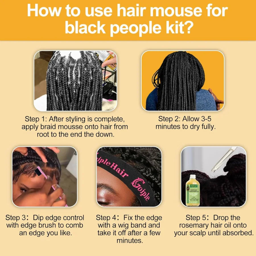 Edge Control Wax & Braid Mousse Set Twist Locs Braid Foam Styling Gel for Black Hair Braids Edge Smoother Rosemary Growth Oil