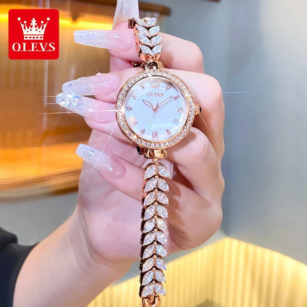 OLEVS 9971 Diamond Fishbone Women  Watch Luxury Brand Quartz Watch Elegant Bracelet Set Gift Box Waterproof HD Dial Women Watch