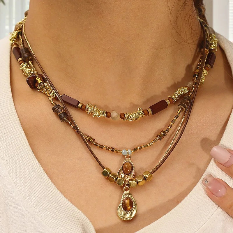 Bohemian Sun Star Zircon Necklace for Women Vintage Leather Necklace Double Layered Pendant Chain Choker Fashion Gem Jewelry