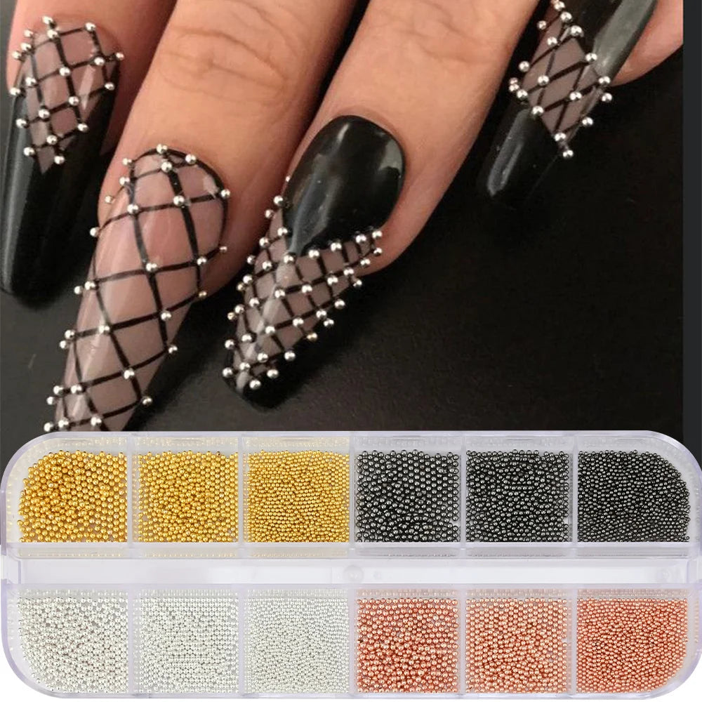 12 Grids 3D Golden Silvery Half Round Caviar Bead Nail Charms 1-5mm Flatback Micro Balls Punk Nail Beads DIY Manicure Beads Deco