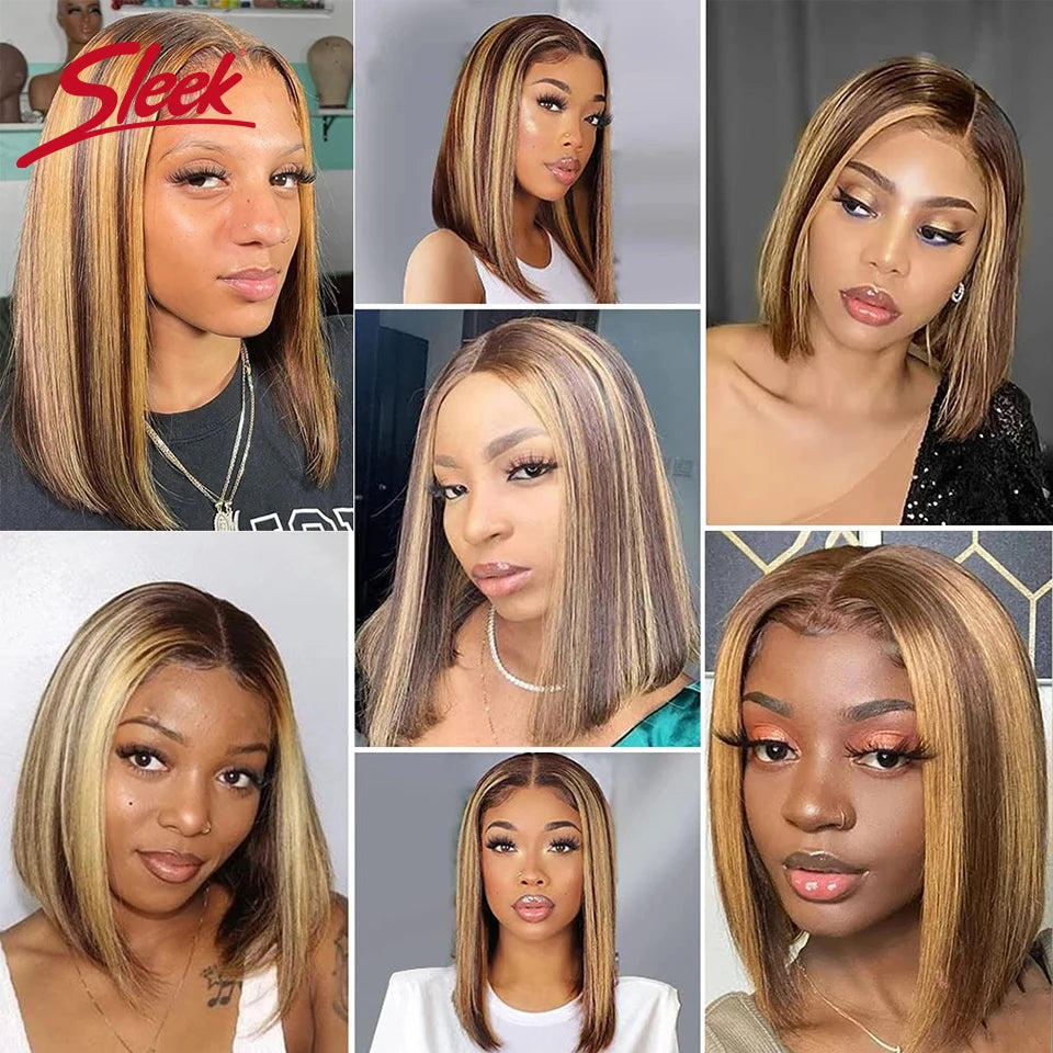 Highlight P4/27 Bob Wigs Brazilian Straight 13x4 T Lace Front Bob Wig Sleek Remy Human Hair Wigs 220% Density Orange Color