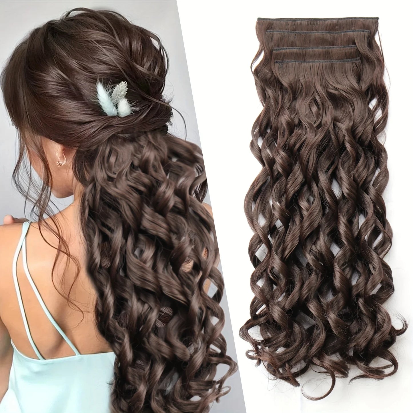 4PCS Clip-In Hair Extensions 20 Inch - Bouncy Wavy Dark Brown Hairpiece