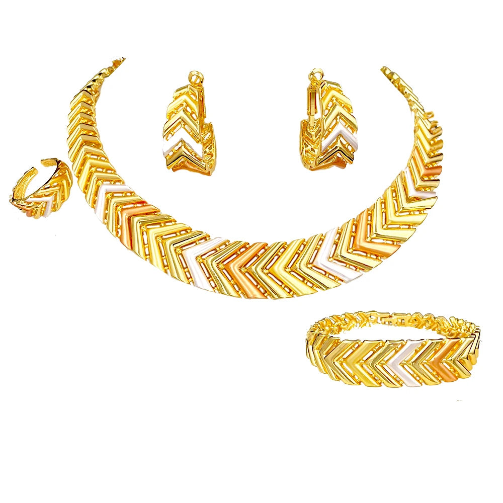 GZJPEI Tricolor Jewelry Set For Nigerian  Bridal Wedding Gift Hight Quality 18K Gold Plated Large Necklace Bracelet Earring Ring