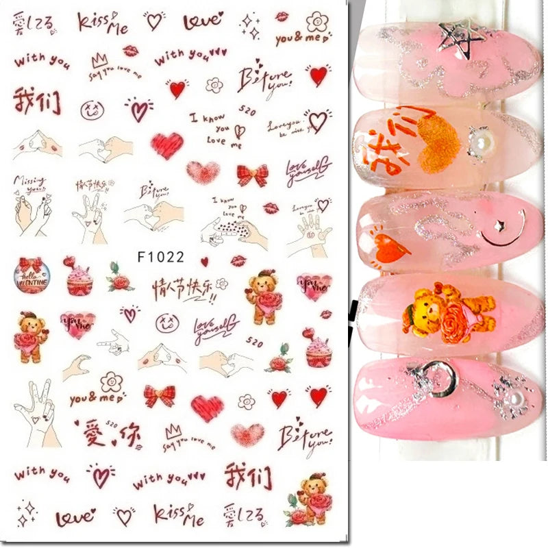 3d Pink Hearts Balloon Valentine Day Love Letters Nail Art Stickers Adhesive Sliders Nail Decals Decoration Manicure Accessories