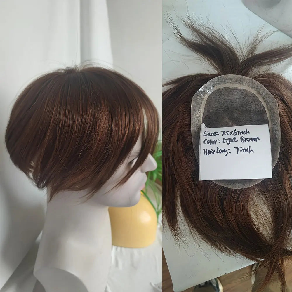 Human Hair Men Toupee Franch Lace Man's Hair Replacement System Wigs Mono Lace Hairpiece With PU Natural Black Color