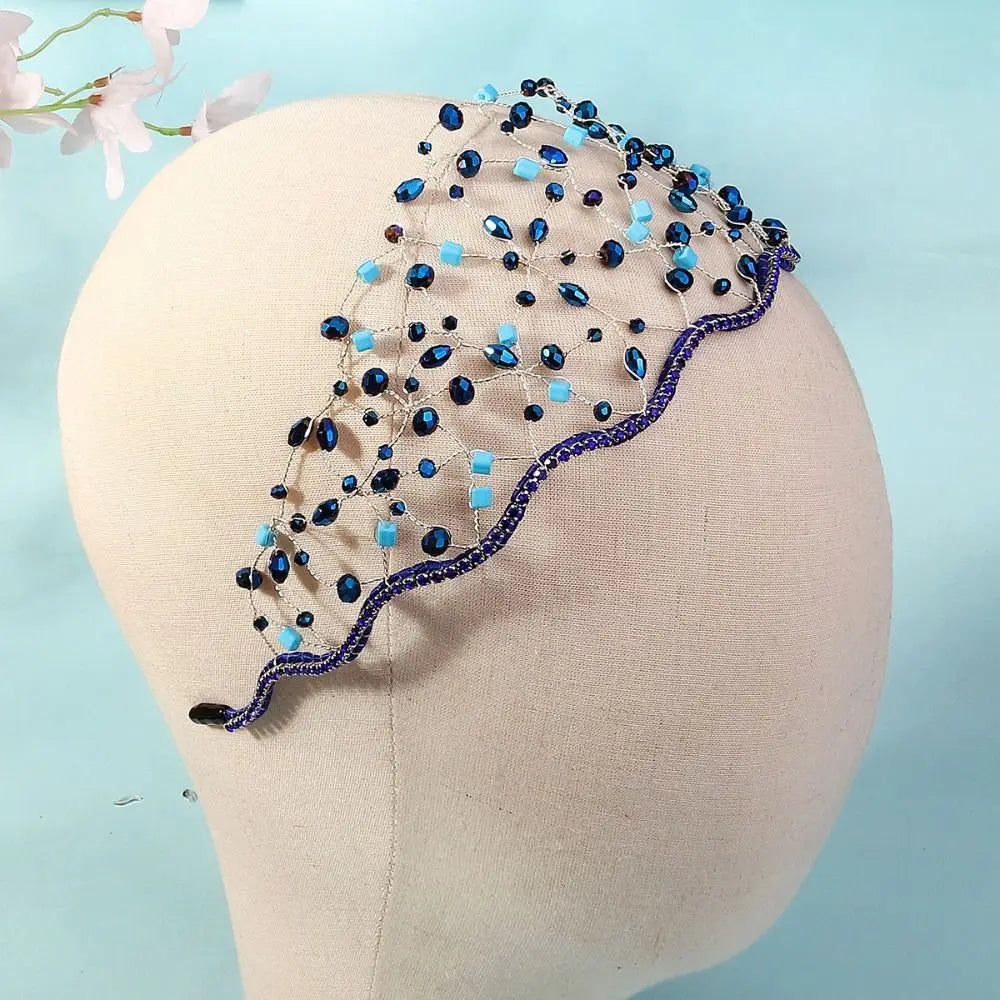 Handmade Crystal Beads Hair Net Crown Wedding Headpieces Hair Jewelry Sparkling Rhinestone Tiara Hair Hoop Elegant Headbands
