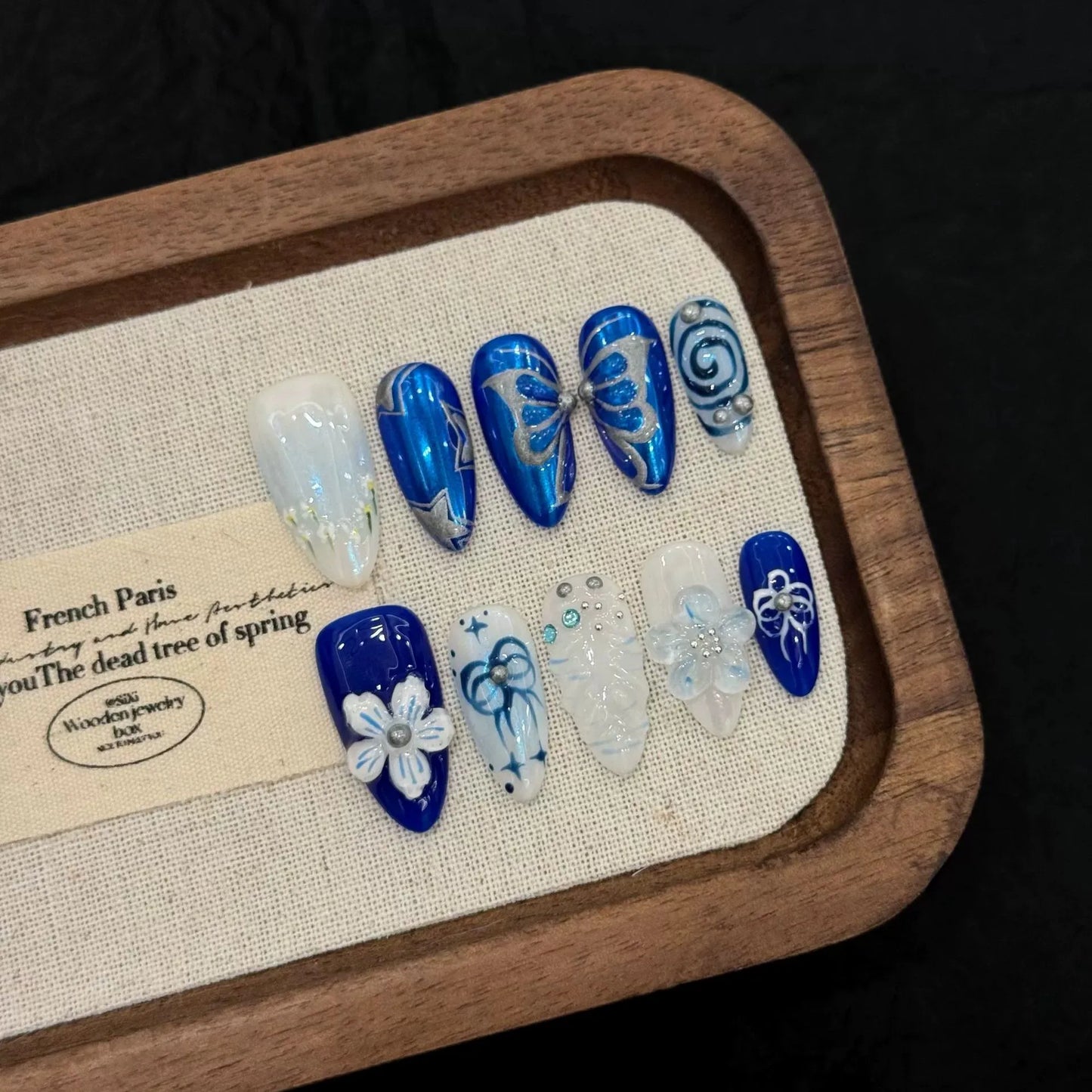 Handmade Press on Nails Blue Island Butterfly False Nails Wearable 3D Flower Decor Long Carved Almond Spice Girls Fake Nail Tips